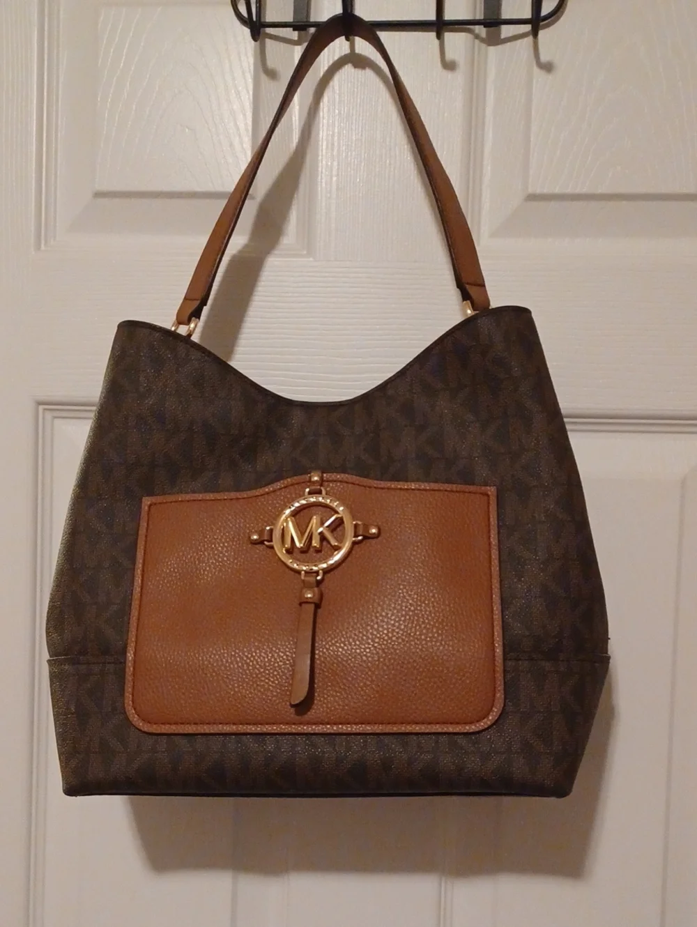 > Michael Kors Brown Monogram Shoulder Tote with Chestnut Front Pocket